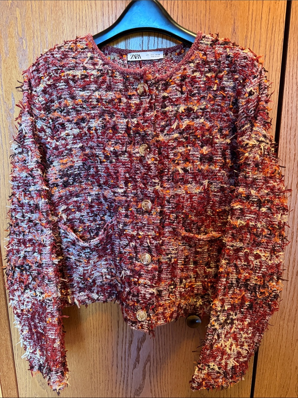 Zara Maroon & Mixed-Tone Textured Tweed Jacket